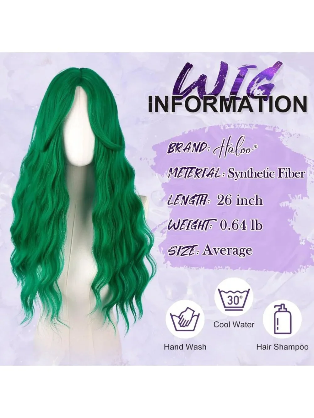 Women's Green 26 Inch Heat Resistant Curtain Bangs Long Wavy Wigs